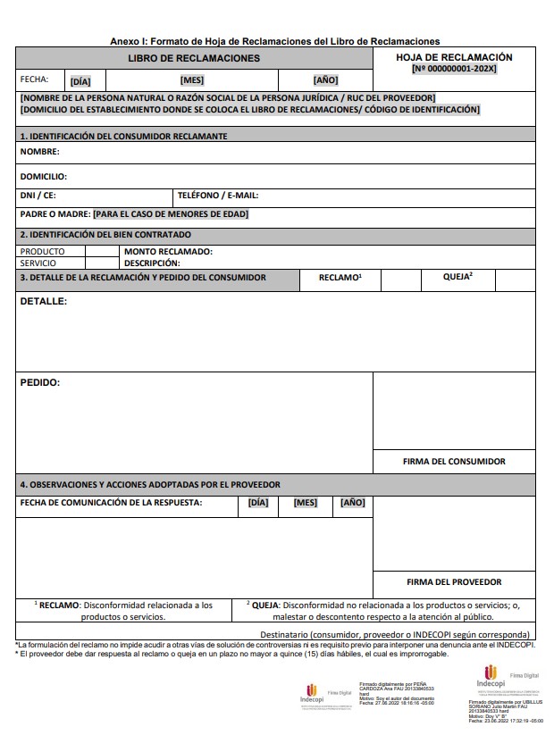 Formato oficial de hoja de reclamaciones